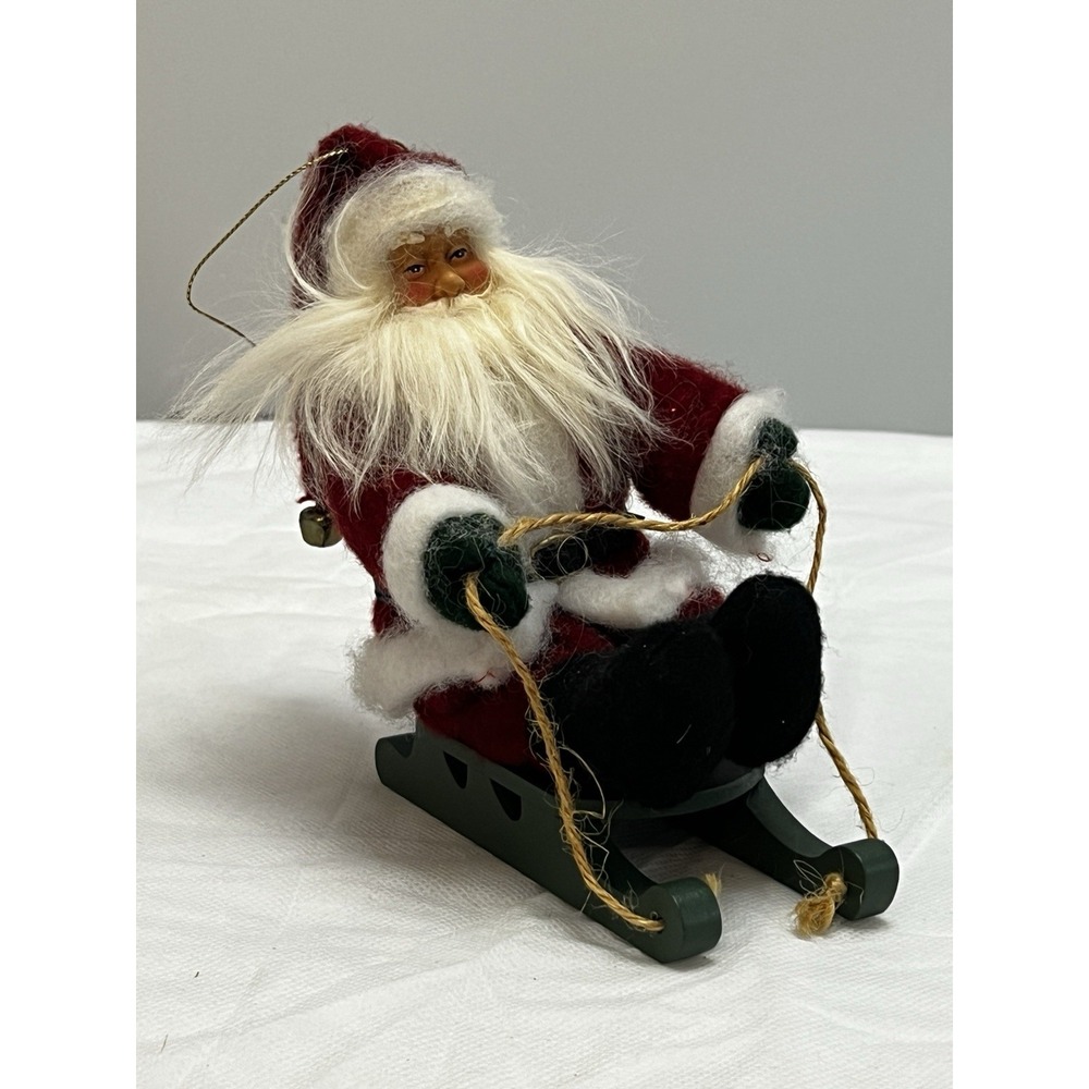 Vintage Santa Claus on Wooden Sled Christmas Figure Felt Ornament Decor